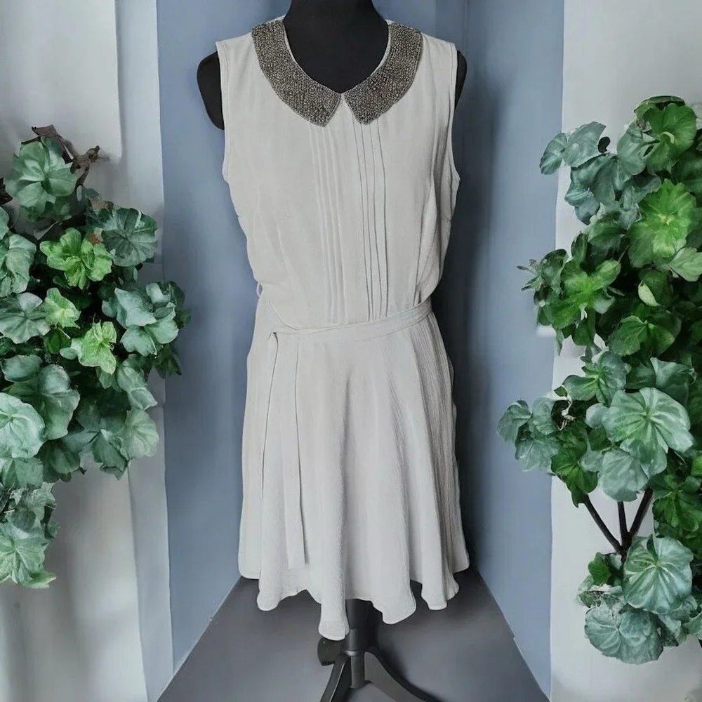 Dorothy Perkins NWT Beaded Collar‎ Chiffon Dress Grey UK 10 US 6 Cocktail